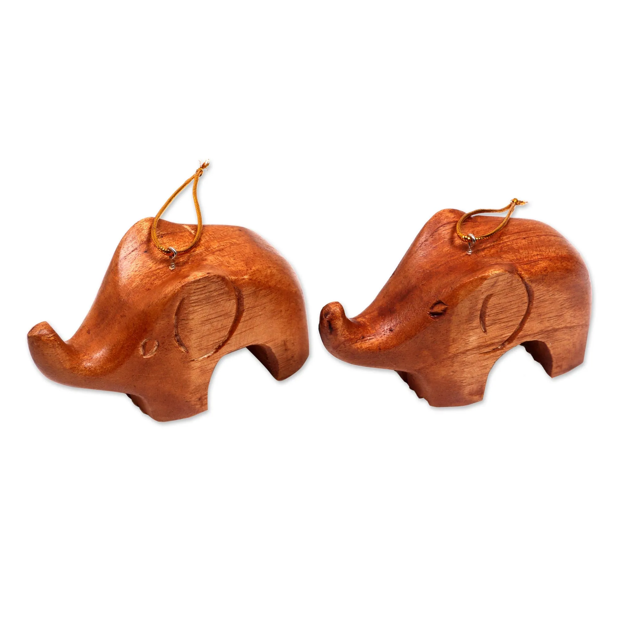 Hand Carved Petite Brown Elephant Wood Ornament Pair - Little Brown Elephants | NOVICA