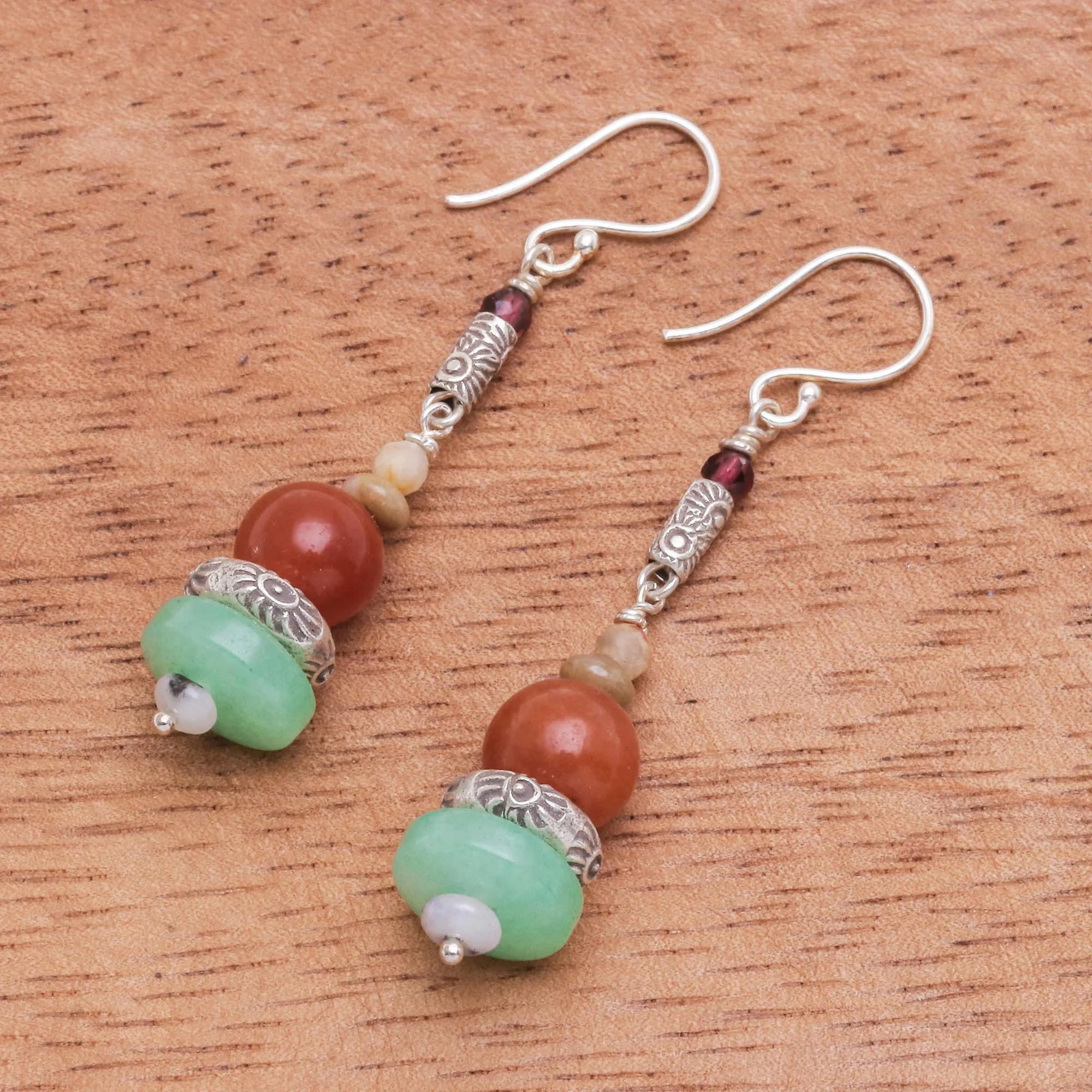 Handcrafted Aventurine and Garnet Dangle Earrings - Speedy Orbit | NOVICA