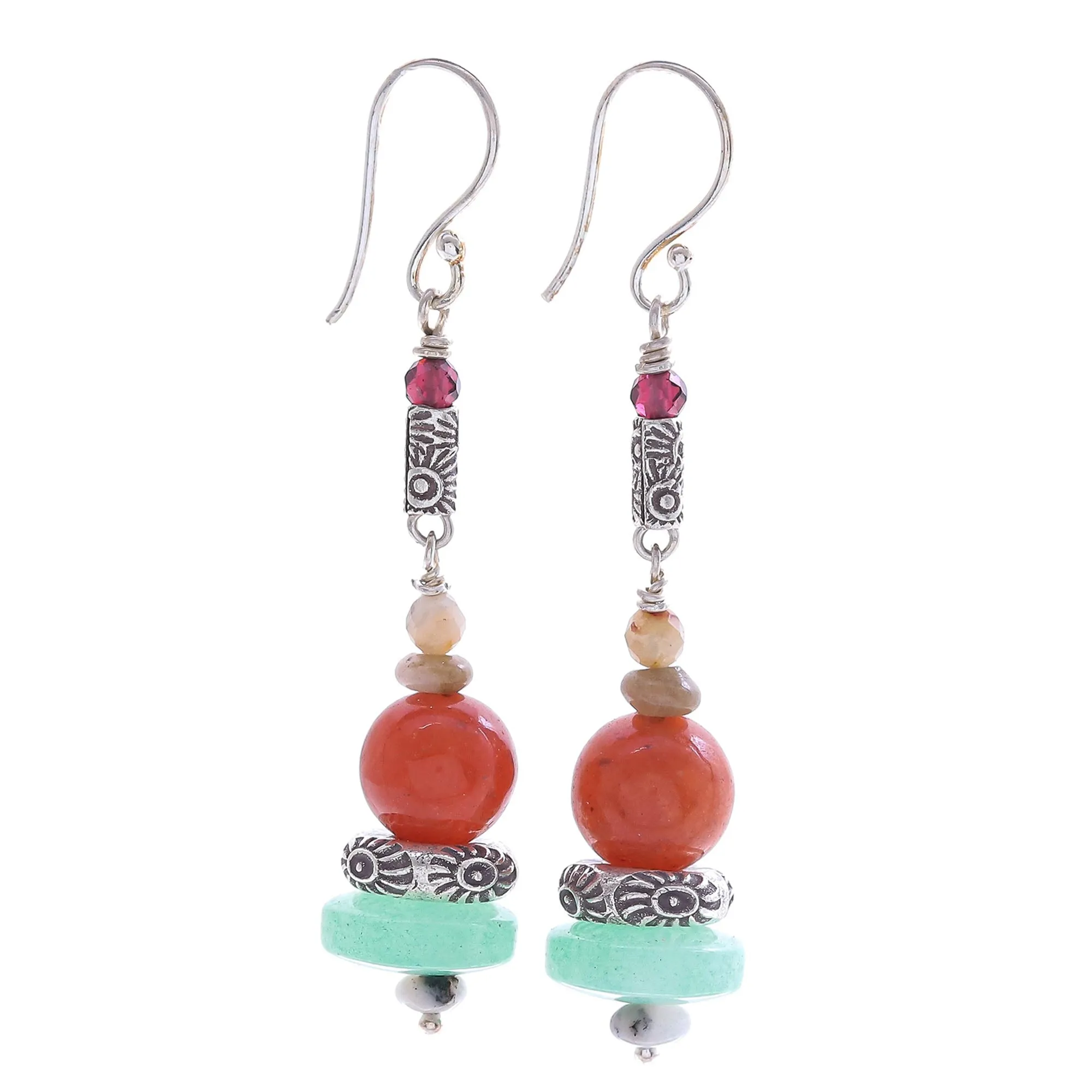 Handcrafted Aventurine and Garnet Dangle Earrings - Speedy Orbit | NOVICA