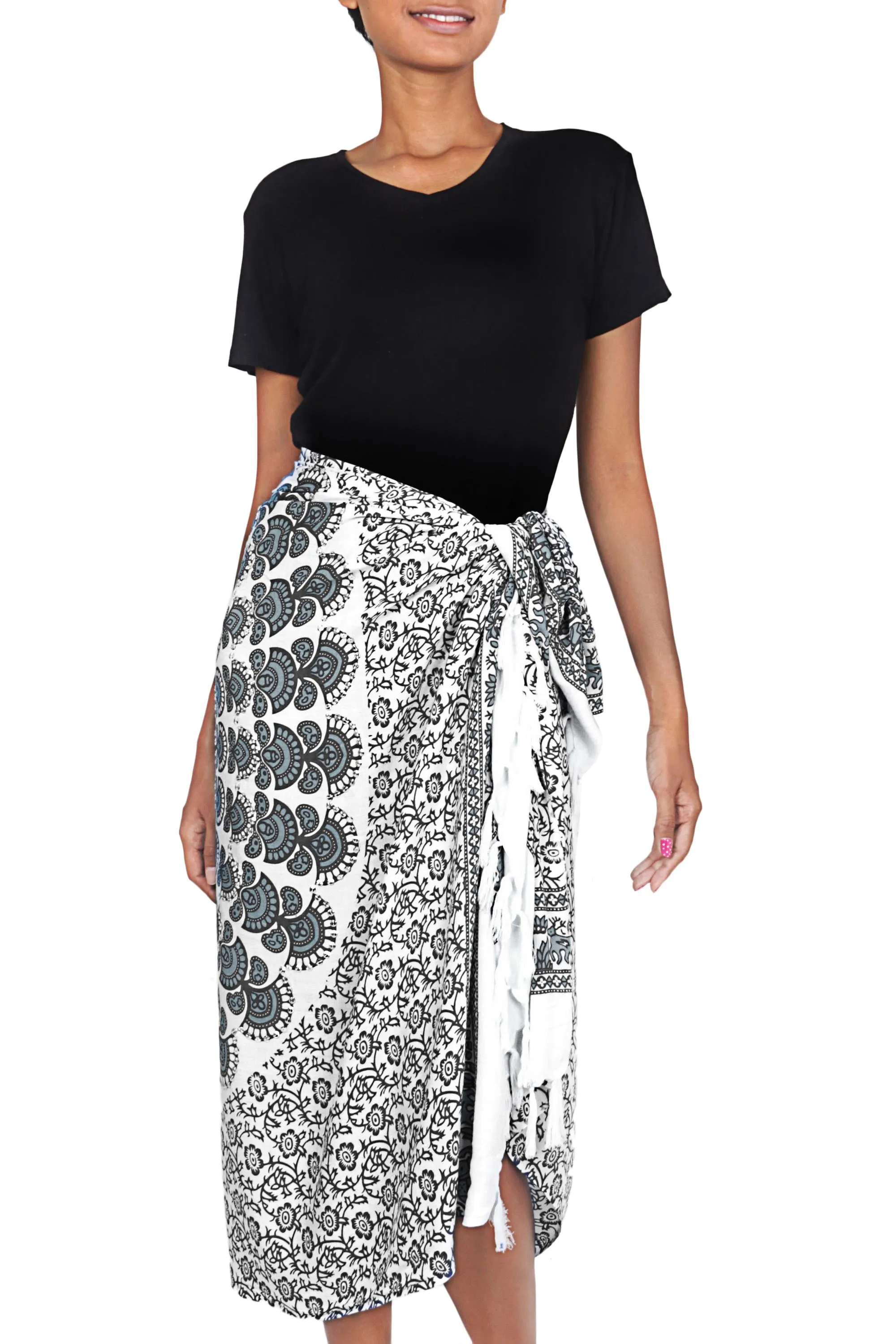 Handmade Batik Indonesian Sarong in Black and White - White Sun | NOVICA