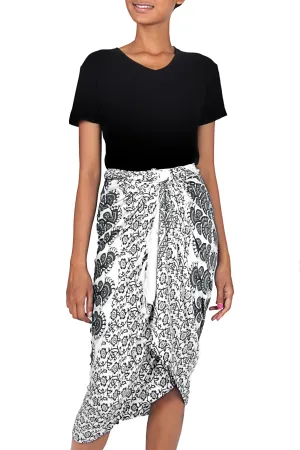 Handmade Batik Indonesian Sarong in Black and White - White Sun | NOVICA