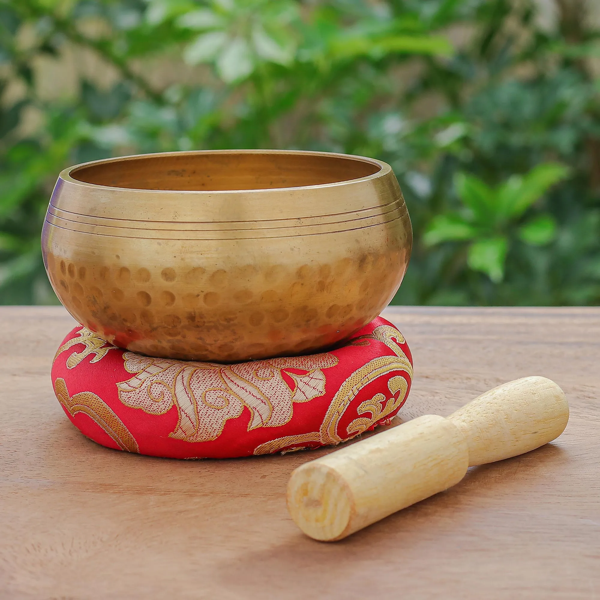 Handmade Brass Alloy Singing Bowl Set - Hammered Mantra | NOVICA