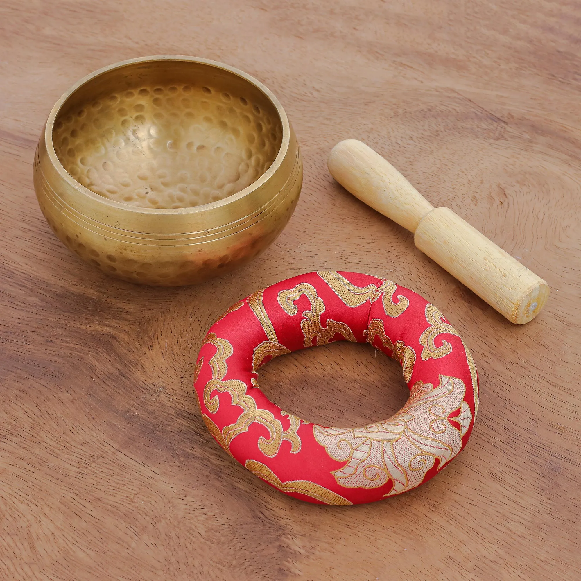 Handmade Brass Alloy Singing Bowl Set - Hammered Mantra | NOVICA