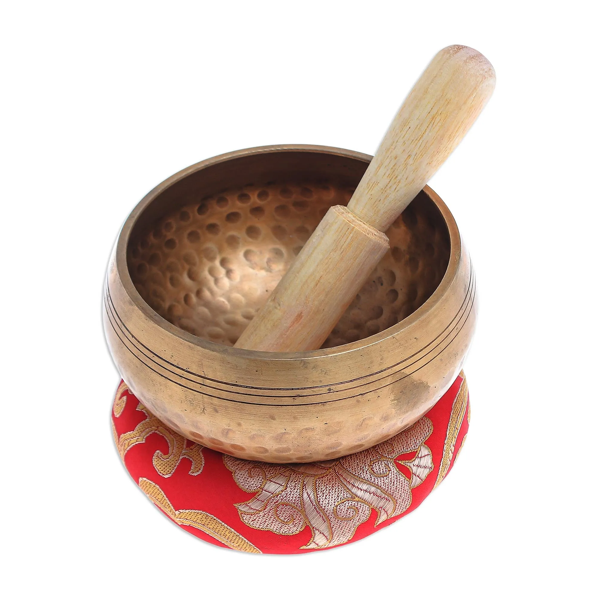 Handmade Brass Alloy Singing Bowl Set - Hammered Mantra | NOVICA