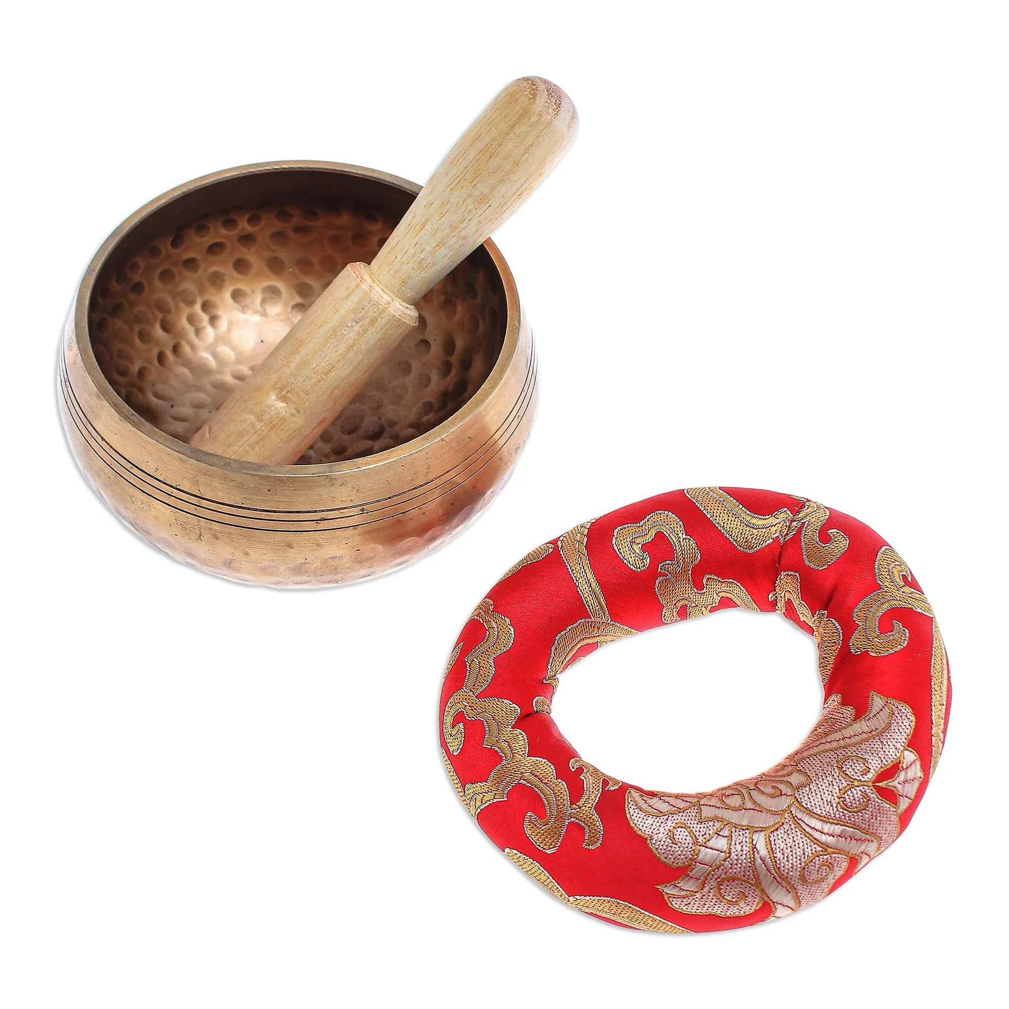 Handmade Brass Alloy Singing Bowl Set - Hammered Mantra | NOVICA