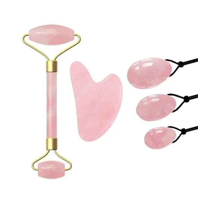 Jade Massage Roller GuaSha Scraper Yoni Egg Set Natural Rose Quartz Face Massage Roller Gouache Scraper Kegel Exercise Jade Ball
