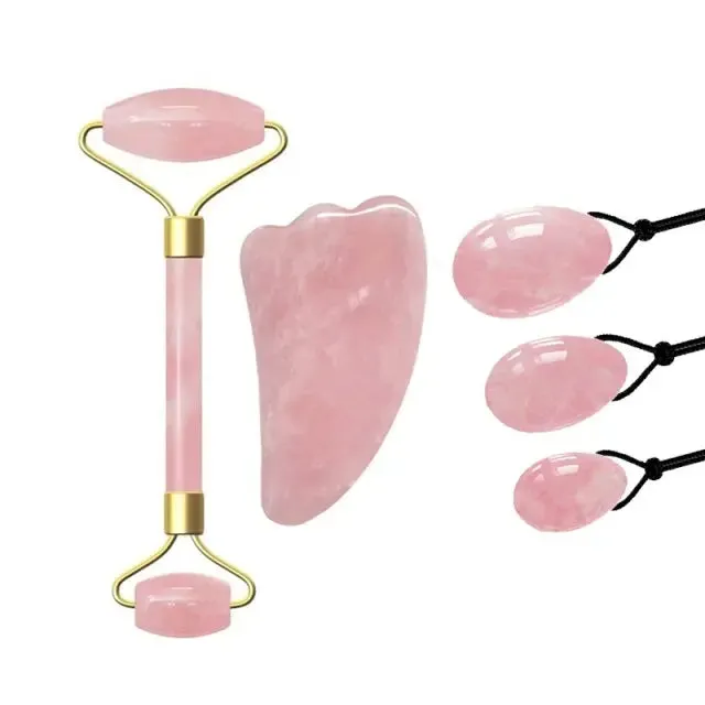 Jade Massage Roller GuaSha Scraper Yoni Egg Set Natural Rose Quartz Face Massage Roller Gouache Scraper Kegel Exercise Jade Ball