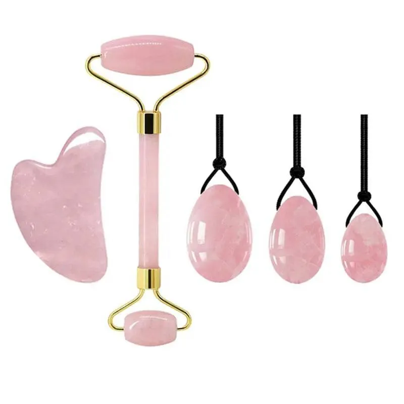 Jade Massage Roller GuaSha Scraper Yoni Egg Set Natural Rose Quartz Face Massage Roller Gouache Scraper Kegel Exercise Jade Ball