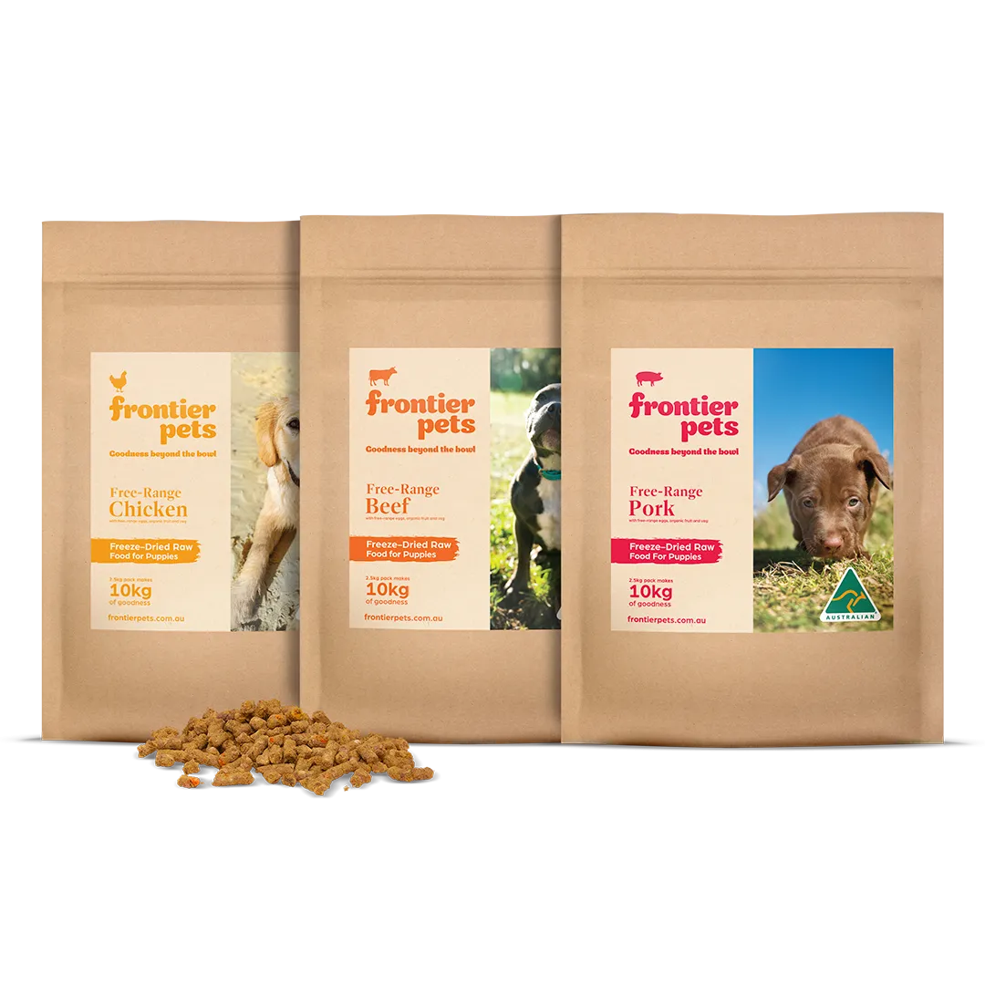 LARGE PACK COMBO | Free-Range 'Beef   Pork   Chicken' | Raw Freeze Dried Puppy Food