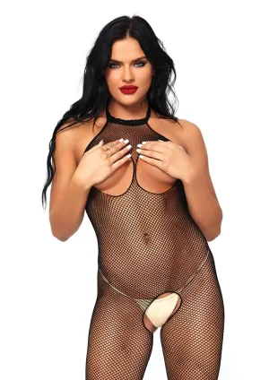 Leg Avenue Seamless Fishnet Halter Cupless and Crotchless Bodystocking