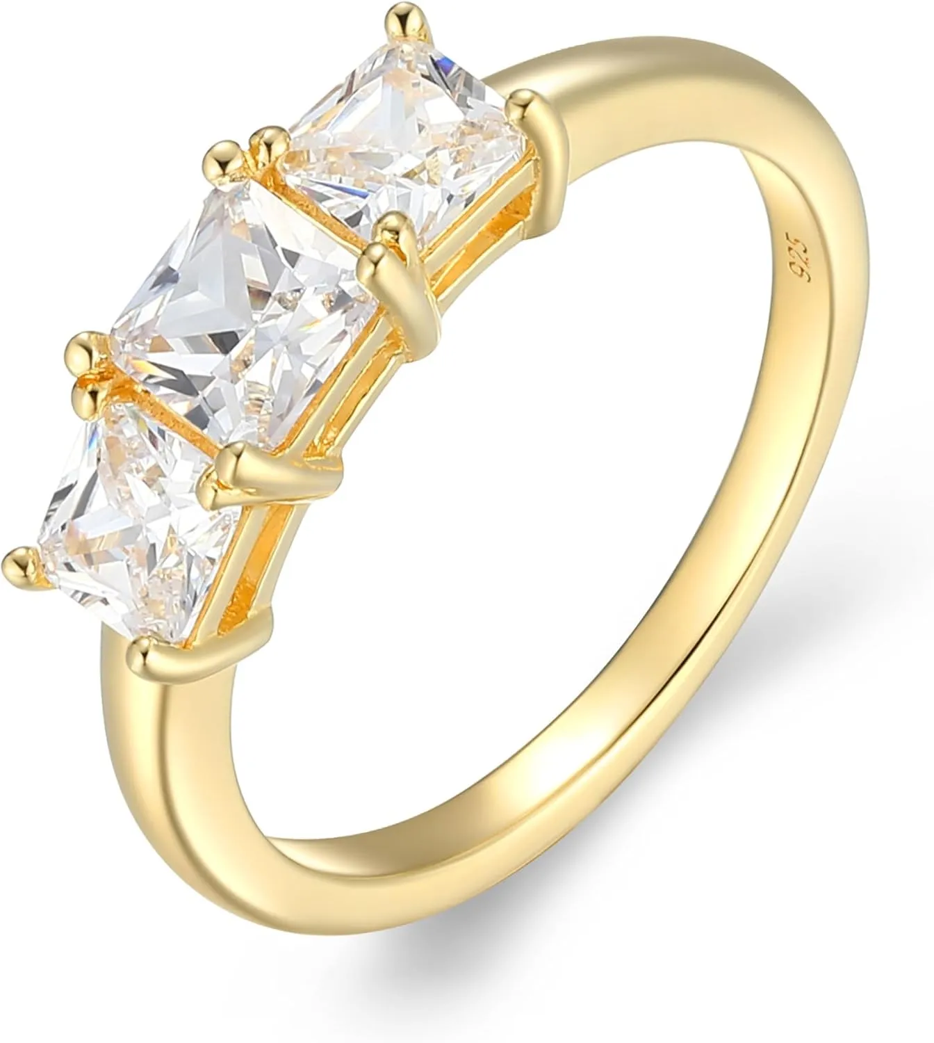 MORGAN & PAIGE .925 Sterling Silver Platinum or Yellow Gold Plated Princess-Cut Cubic Zirconia 3-Stone Engagement Rings for Women - Classic Sparkling Square-Cut Anniversary Sterling Silver Rings Women
