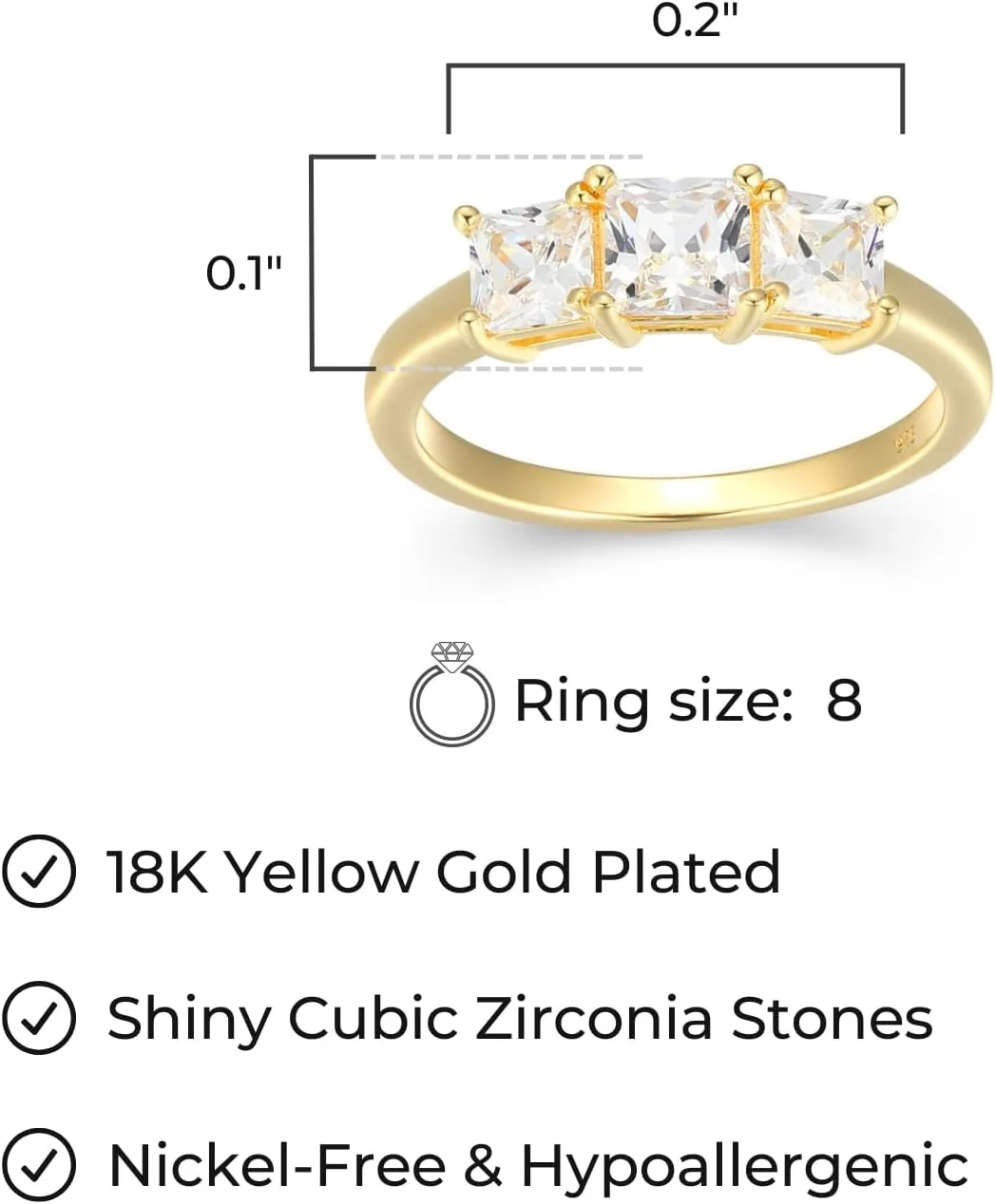 MORGAN & PAIGE .925 Sterling Silver Platinum or Yellow Gold Plated Princess-Cut Cubic Zirconia 3-Stone Engagement Rings for Women - Classic Sparkling Square-Cut Anniversary Sterling Silver Rings Women