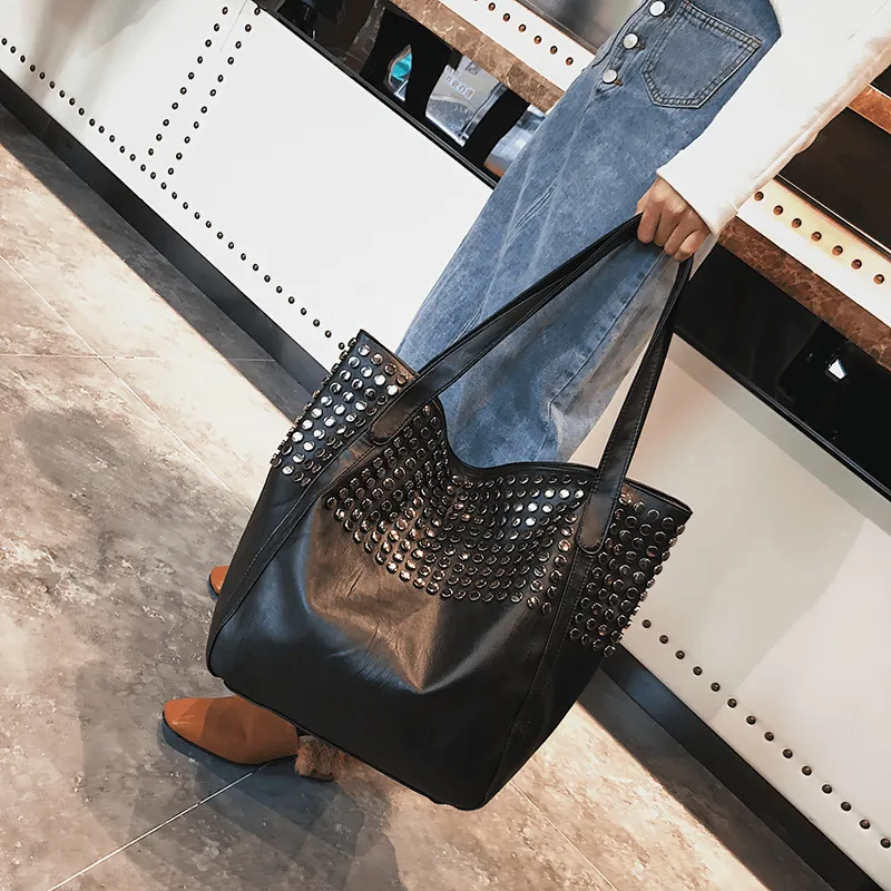 One Shoulder Large Bag for Shopping / Punk Women's Bag with Rivets
