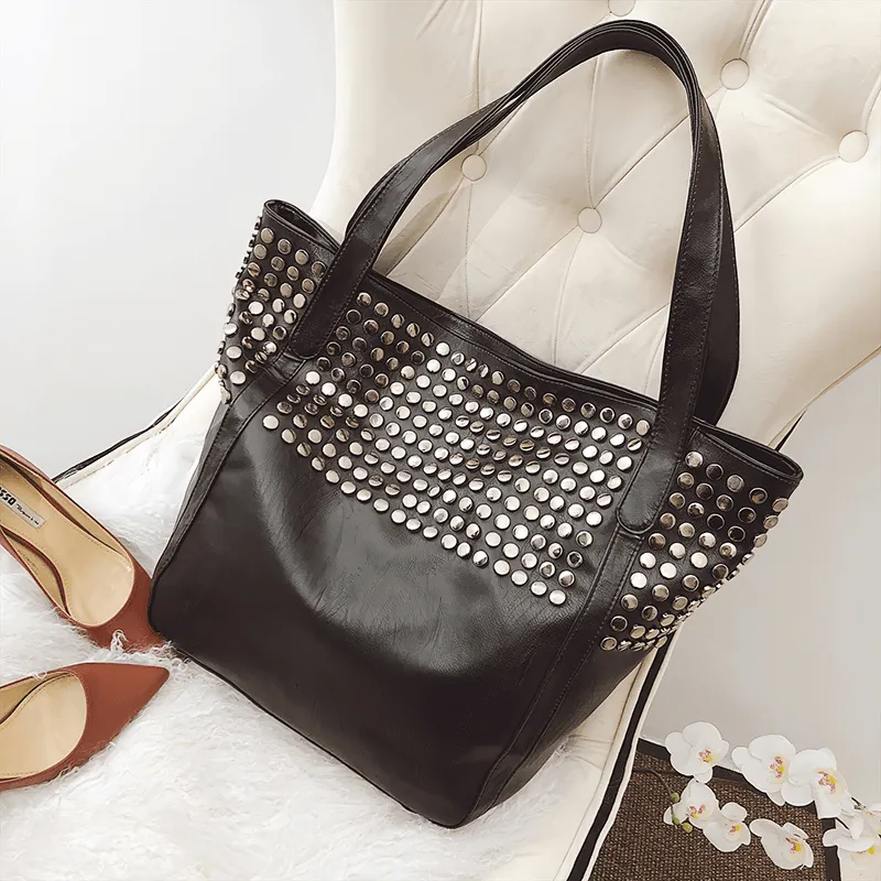One Shoulder Large Bag for Shopping / Punk Women's Bag with Rivets