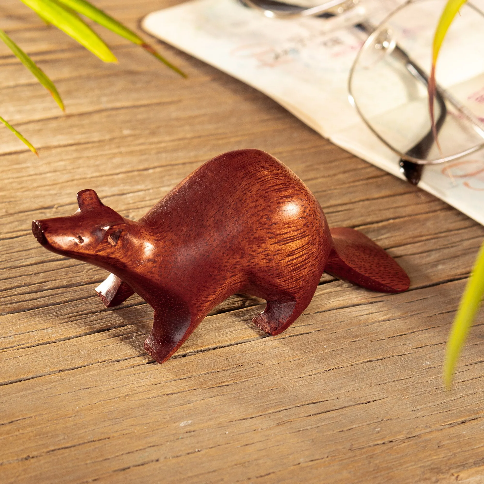 Otter Mini Figurine Hand-Carved in Palo Sangre Wood - Playful Otter | NOVICA