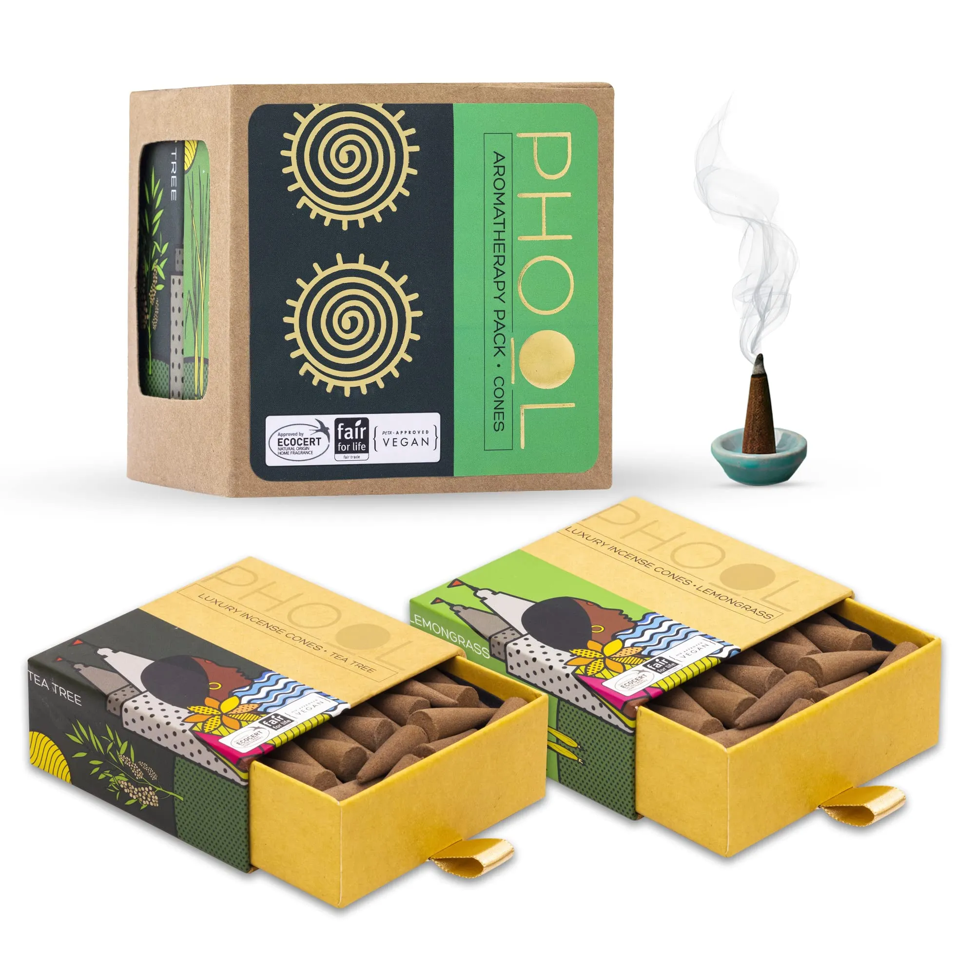 PHOOL LUXURY INCENSE Pack Of 2 Natural Incense Cones, Aromatherapy Pack 80 Organic Dhoop For Aromatherapy |Tea Tree And Lemongrass 2 Free Ceramic Holder | Dhoopbatti |100% Organic (500 Gms)