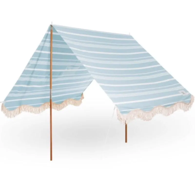 Premium Vintage fringed beach tent, blue striped - BUSINESS &amp; PLEASURE CO.