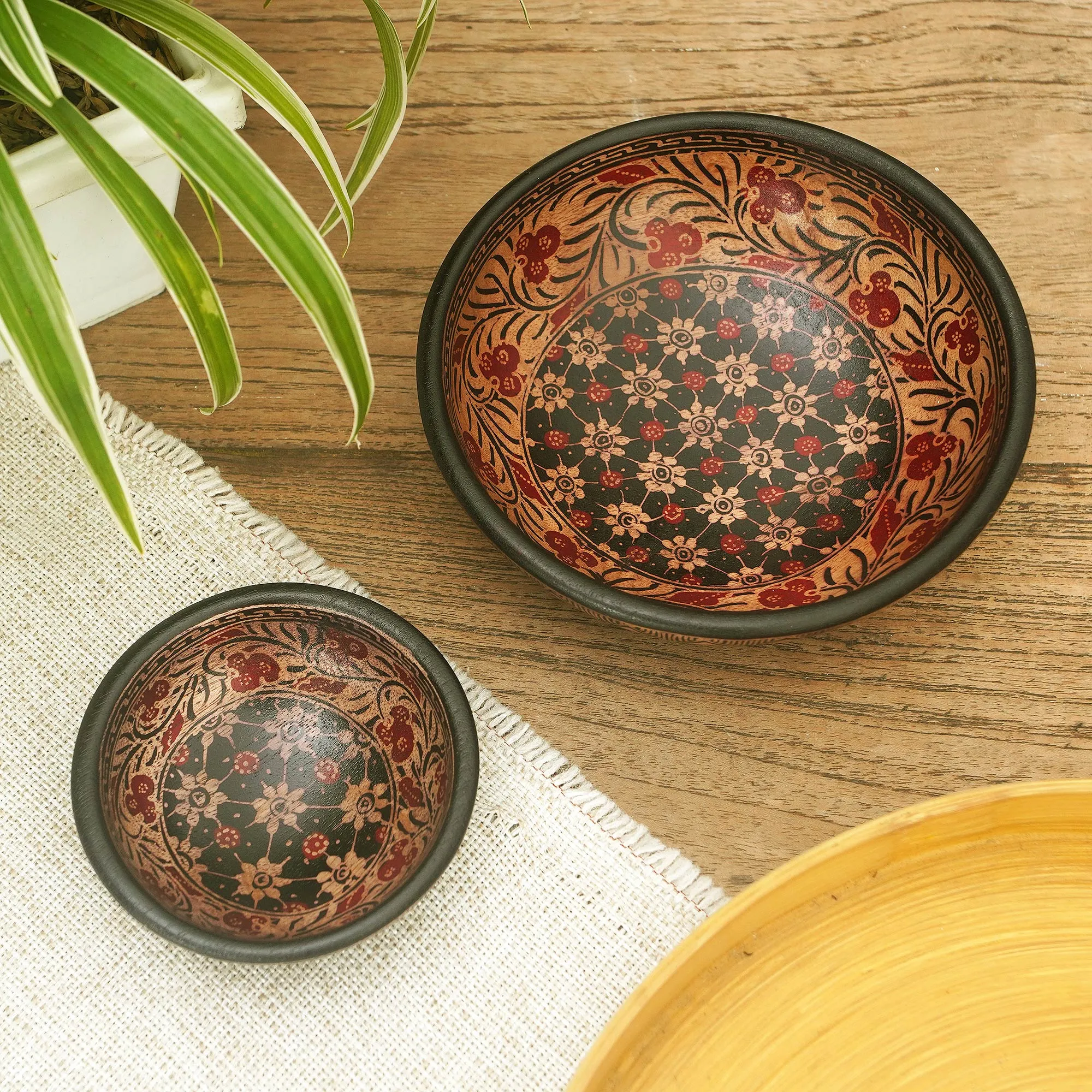 Red and Black Wadang Wood Batik Centerpieces (Set of 2) - Truntum Spring | NOVICA