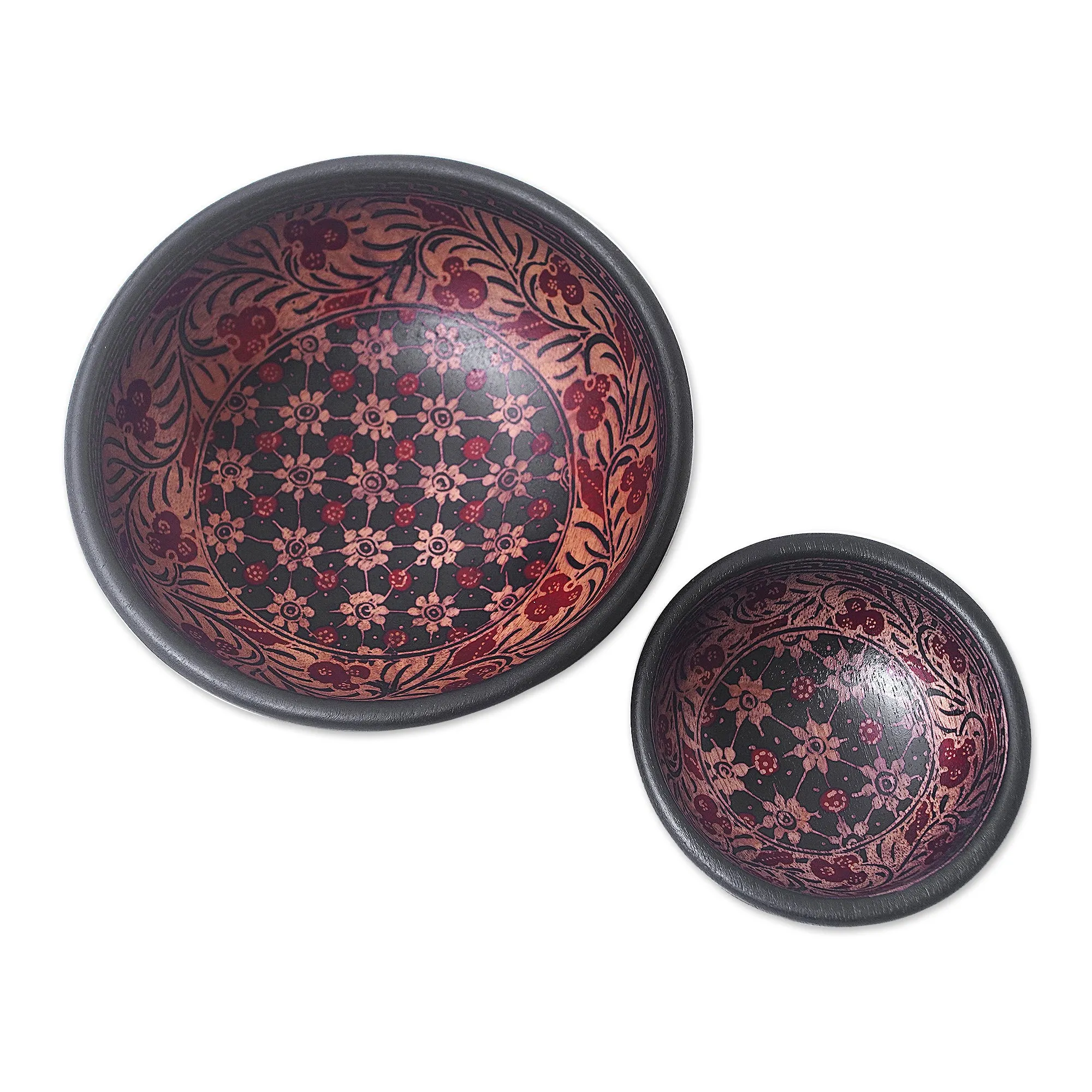 Red and Black Wadang Wood Batik Centerpieces (Set of 2) - Truntum Spring | NOVICA