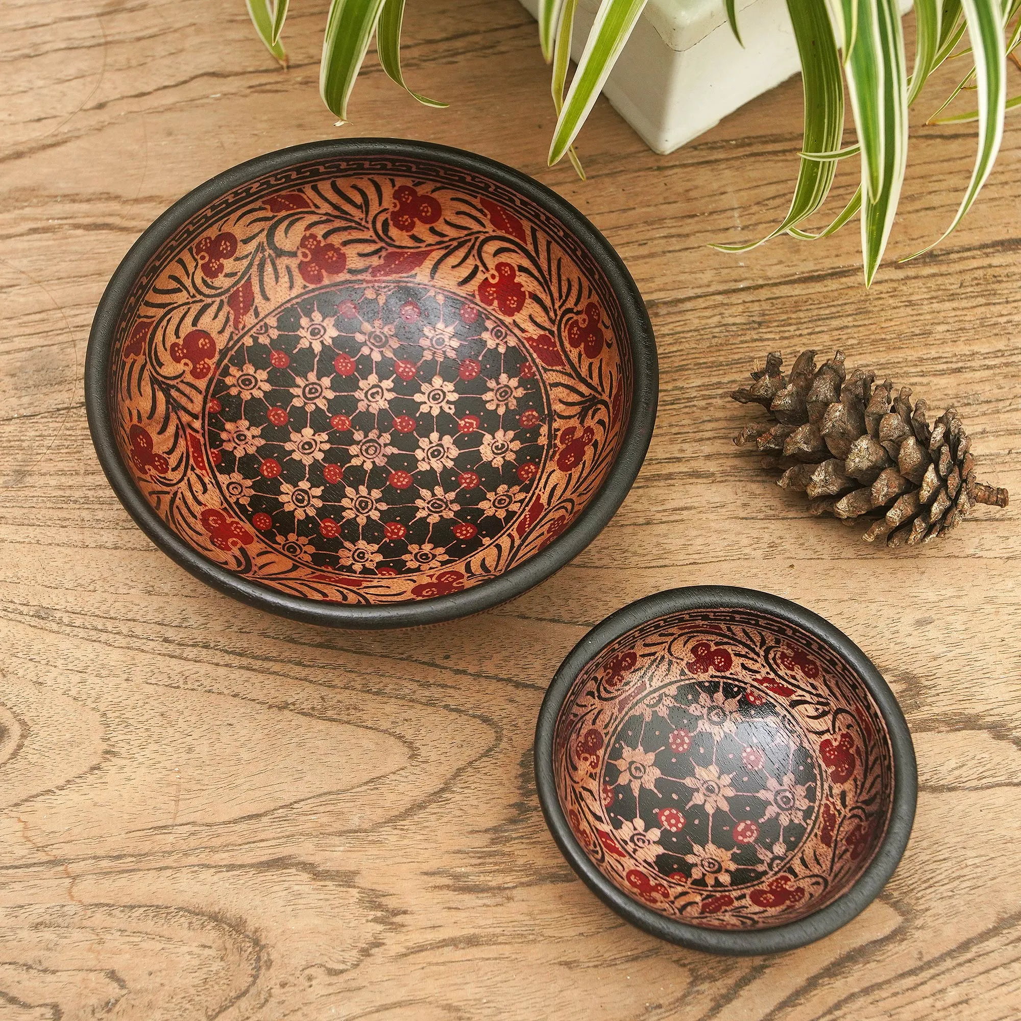 Red and Black Wadang Wood Batik Centerpieces (Set of 2) - Truntum Spring | NOVICA