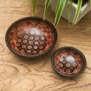 Red and Black Wadang Wood Batik Centerpieces (Set of 2) - Truntum Spring | NOVICA