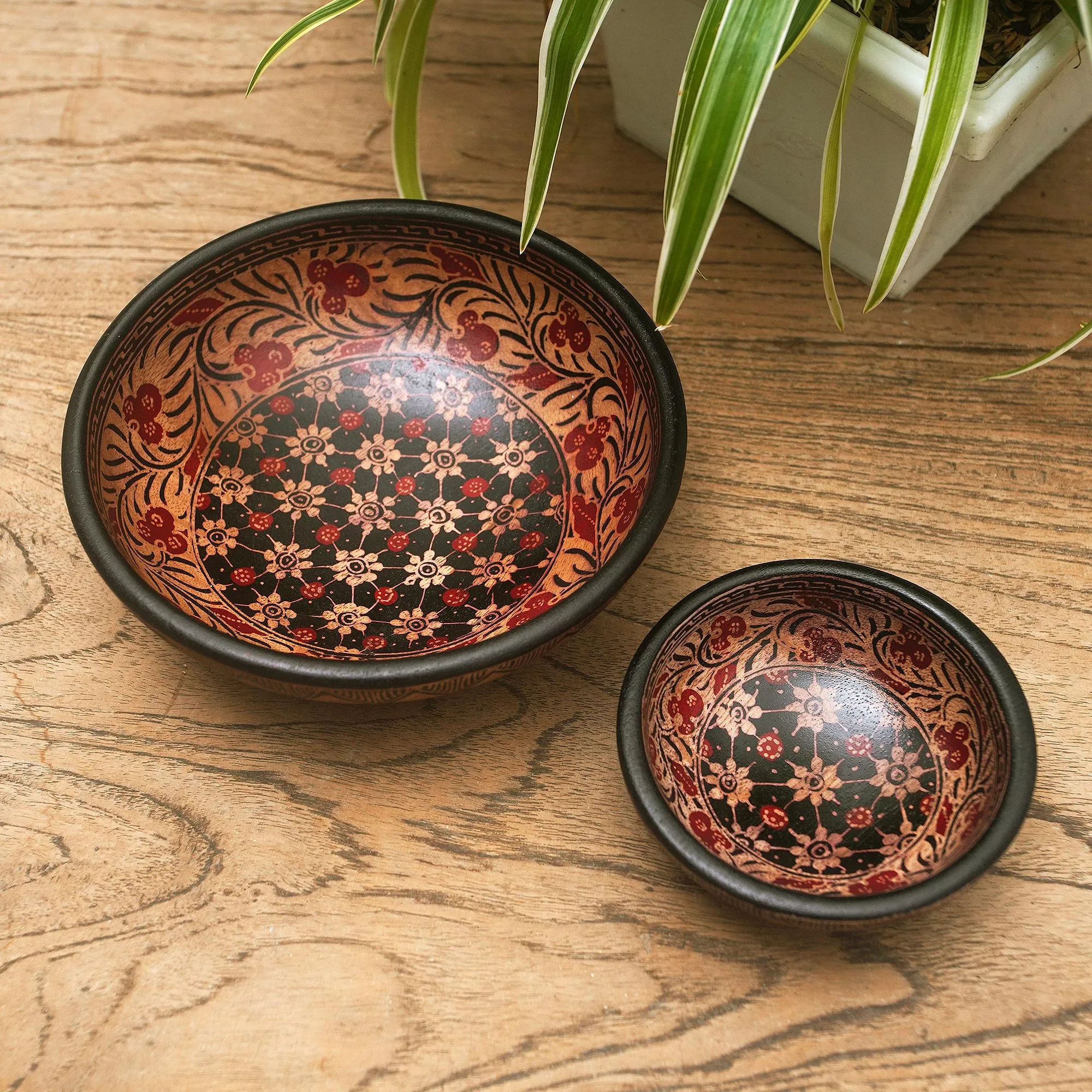 Red and Black Wadang Wood Batik Centerpieces (Set of 2) - Truntum Spring | NOVICA