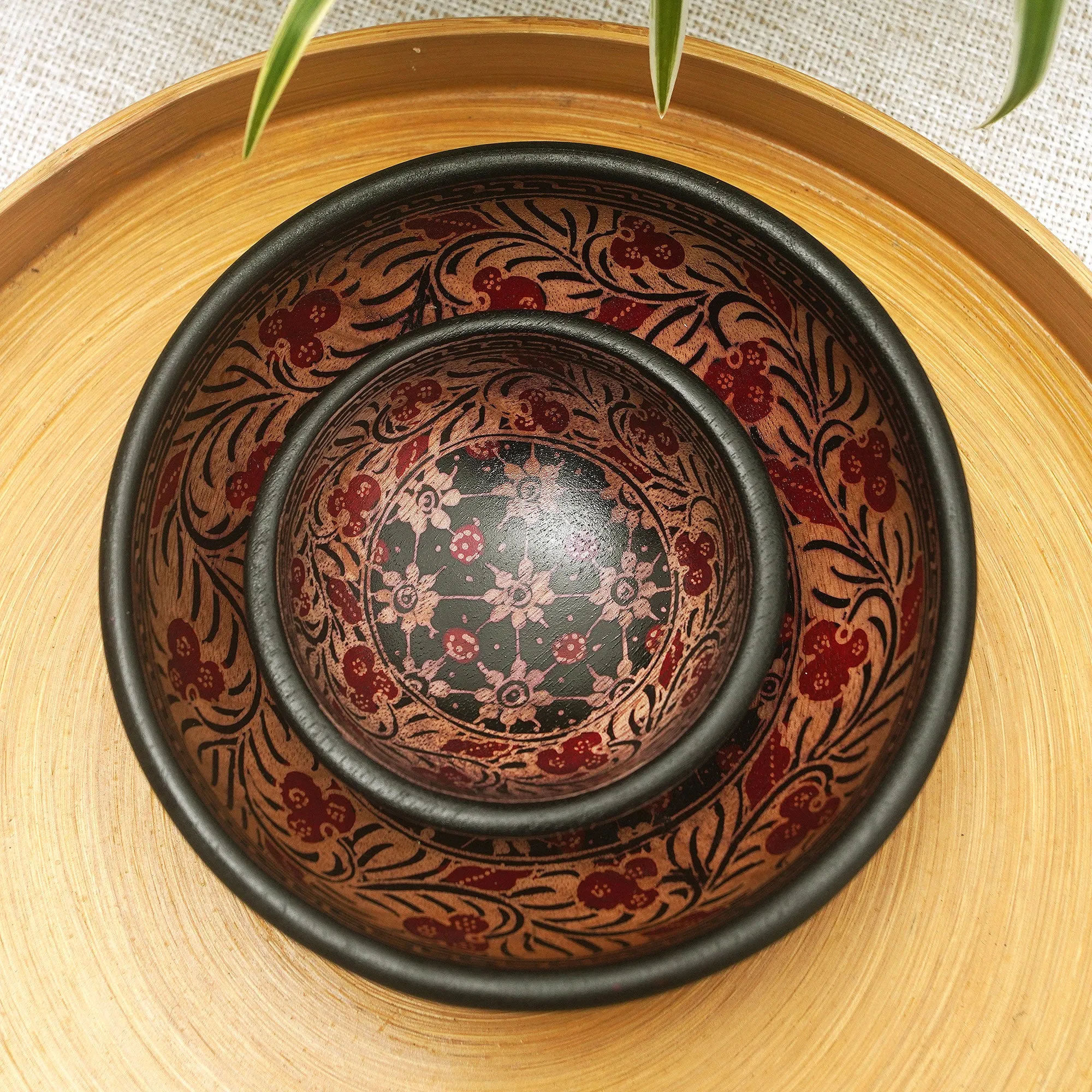 Red and Black Wadang Wood Batik Centerpieces (Set of 2) - Truntum Spring | NOVICA