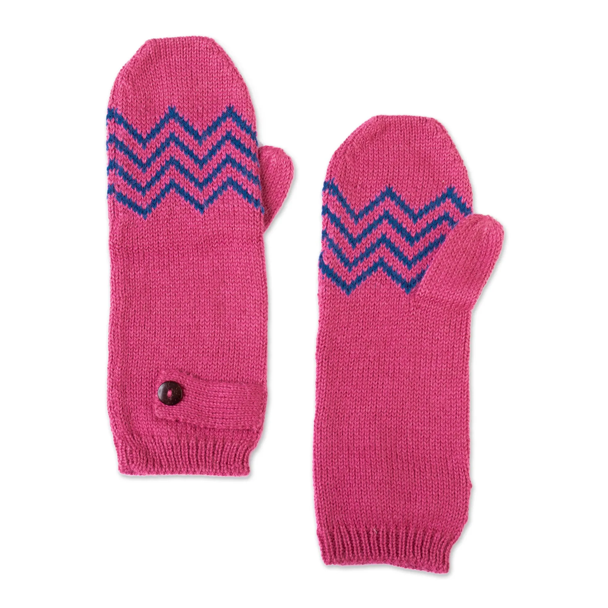Rose and Delft Blue Alpaca Blend Mittens from Peru - Zigzag Warmth in Delft Blue | NOVICA