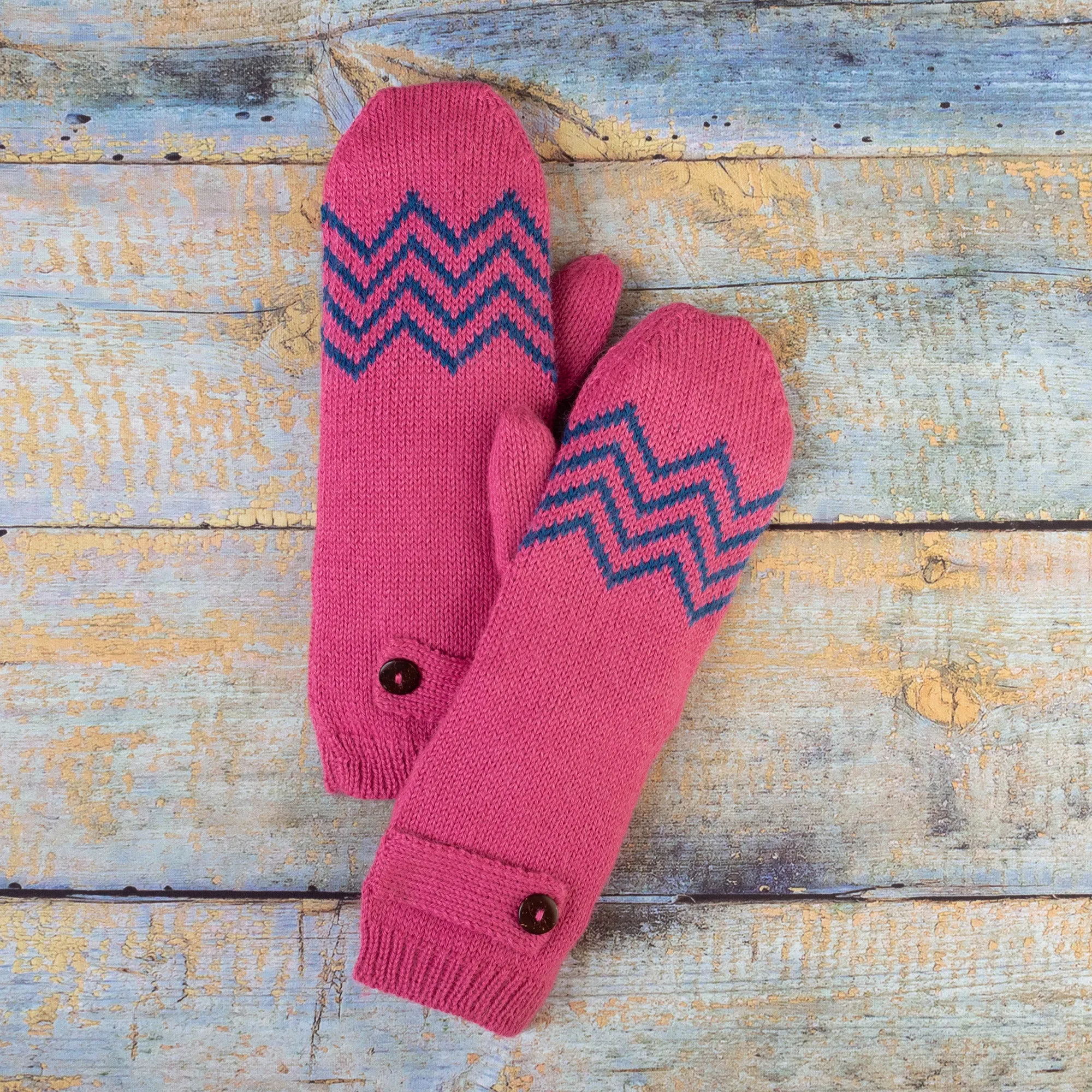 Rose and Delft Blue Alpaca Blend Mittens from Peru - Zigzag Warmth in Delft Blue | NOVICA