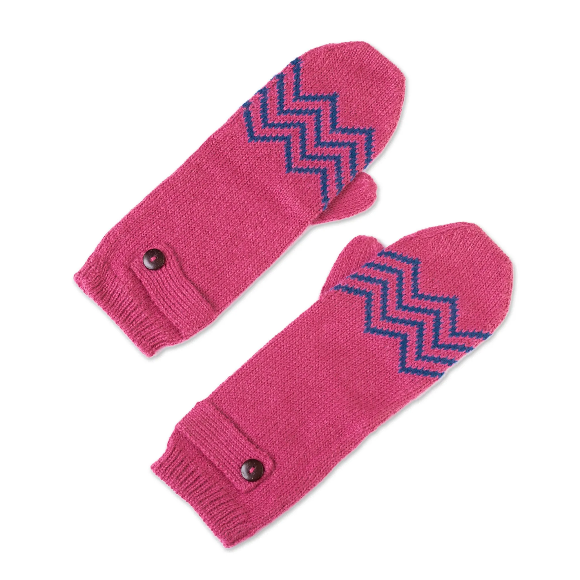 Rose and Delft Blue Alpaca Blend Mittens from Peru - Zigzag Warmth in Delft Blue | NOVICA