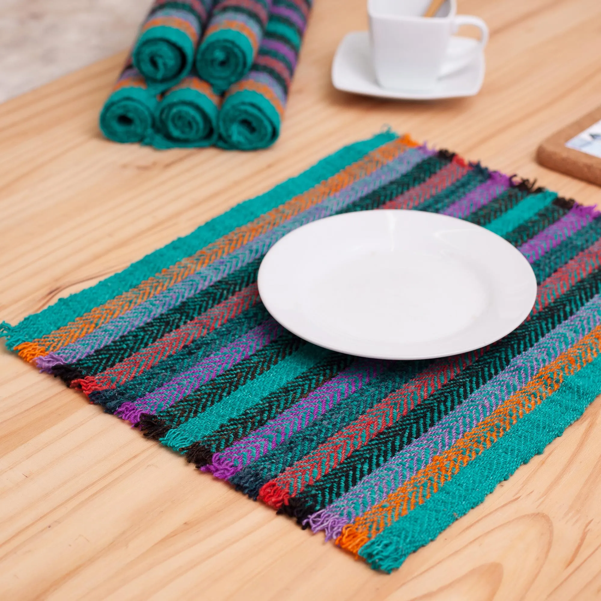 Six Striped Wool Placemats from Peru - Jungle Joy | NOVICA