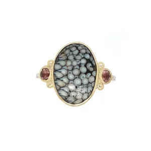Snakeskin Agate Ring with Sunstones in 14k gold and sterling silver