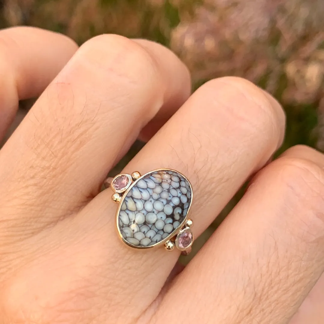 Snakeskin Agate Ring with Sunstones in 14k gold and sterling silver