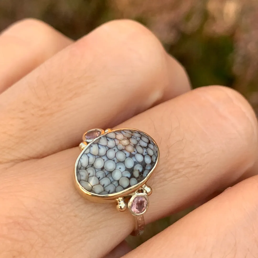Snakeskin Agate Ring with Sunstones in 14k gold and sterling silver