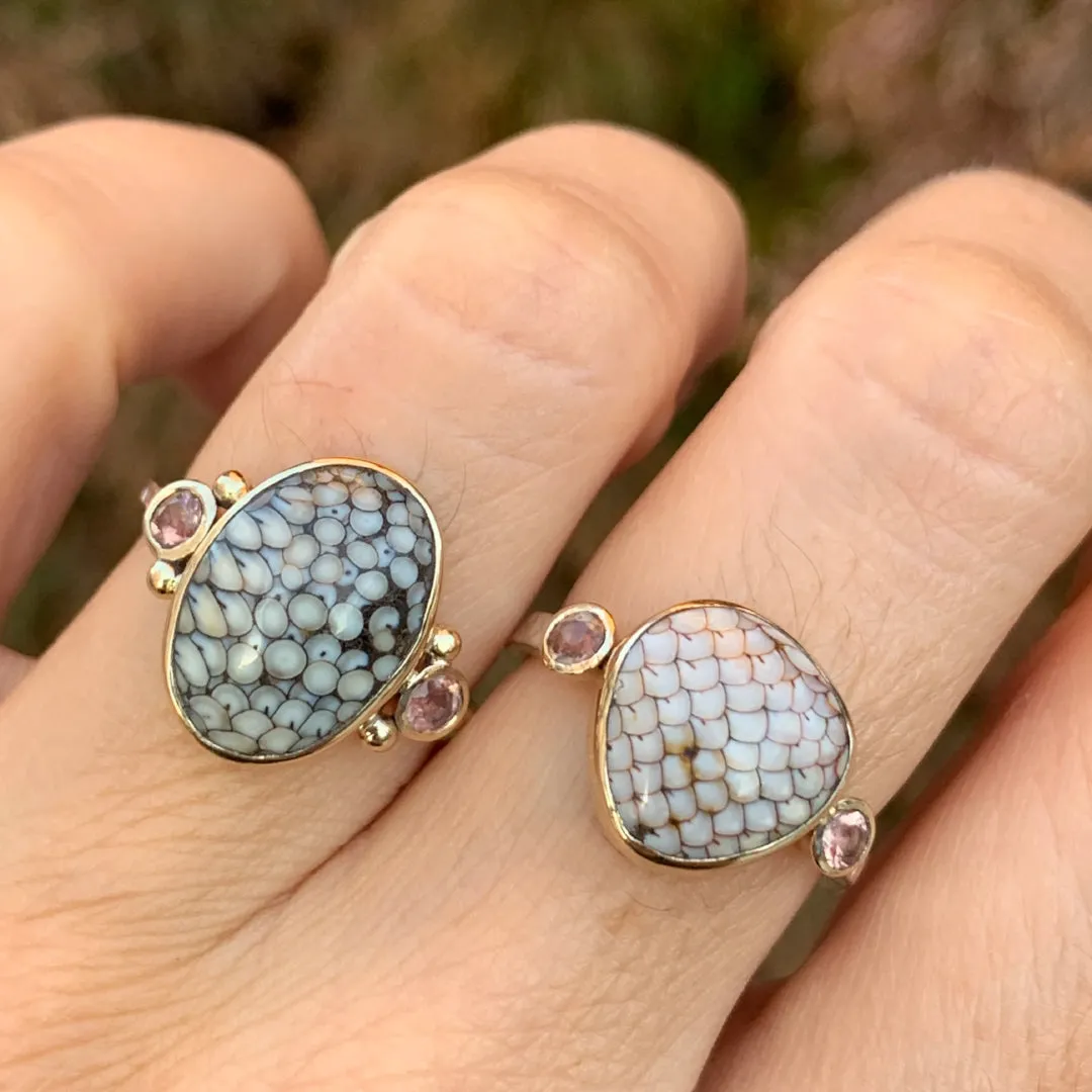Snakeskin Agate Ring with Sunstones in 14k gold and sterling silver