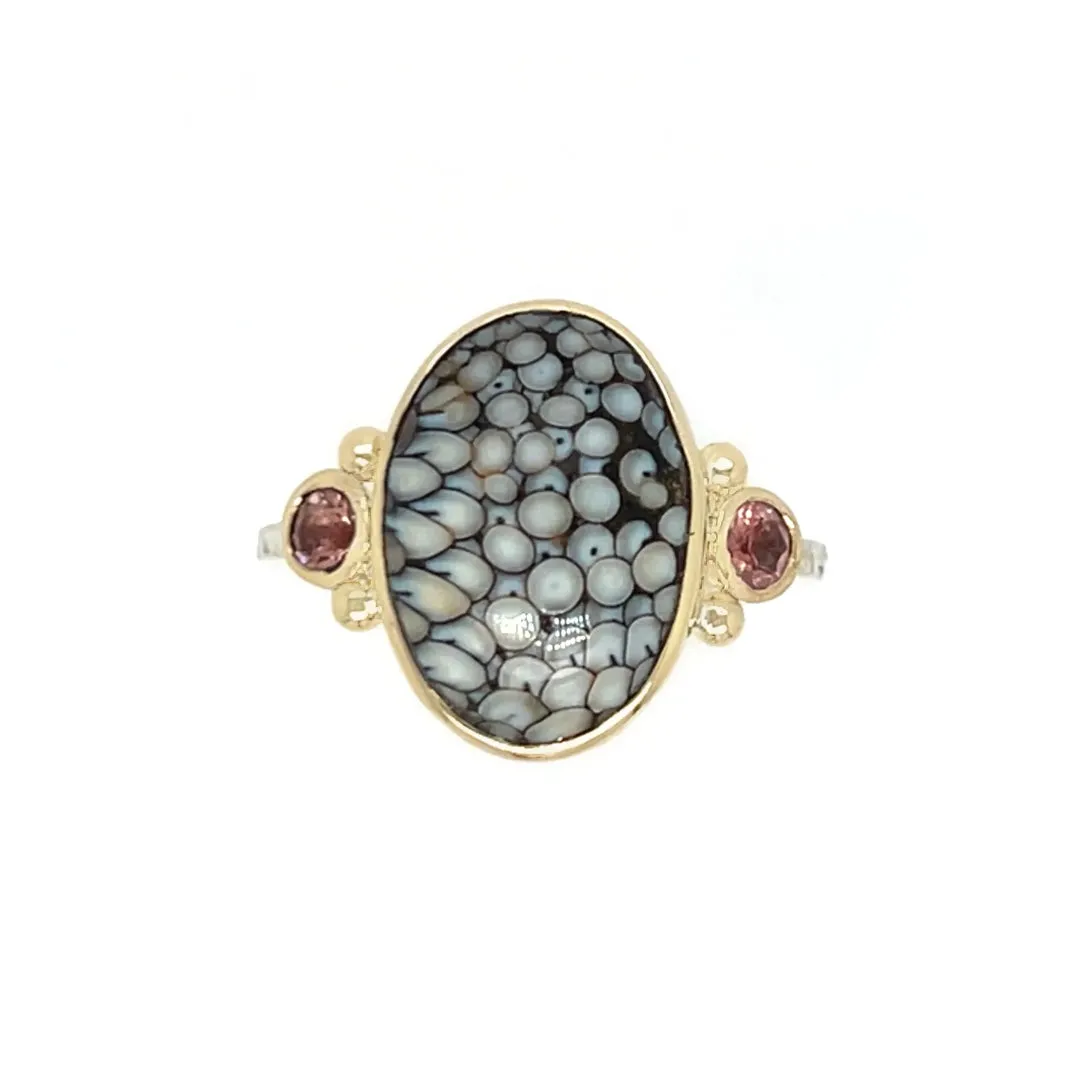 Snakeskin Agate Ring with Sunstones in 14k gold and sterling silver