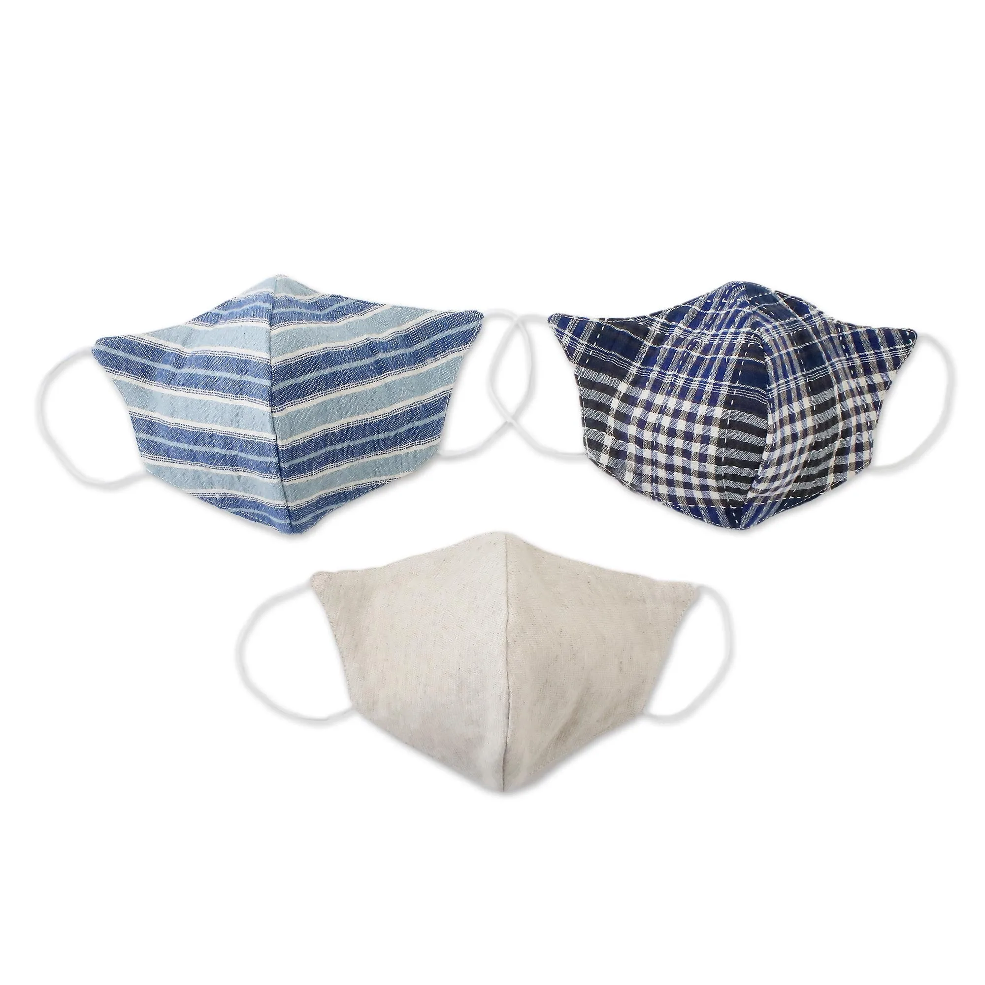 Three Handcrafted Thai Face Masks-1 Hemp and 2 Blue Cotton - Spirit of the Sea | NOVICA
