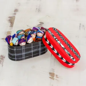 Twelve Cotton Worry Dolls with a Pinewood Box from Guatemala - Country Beauties | NOVICA