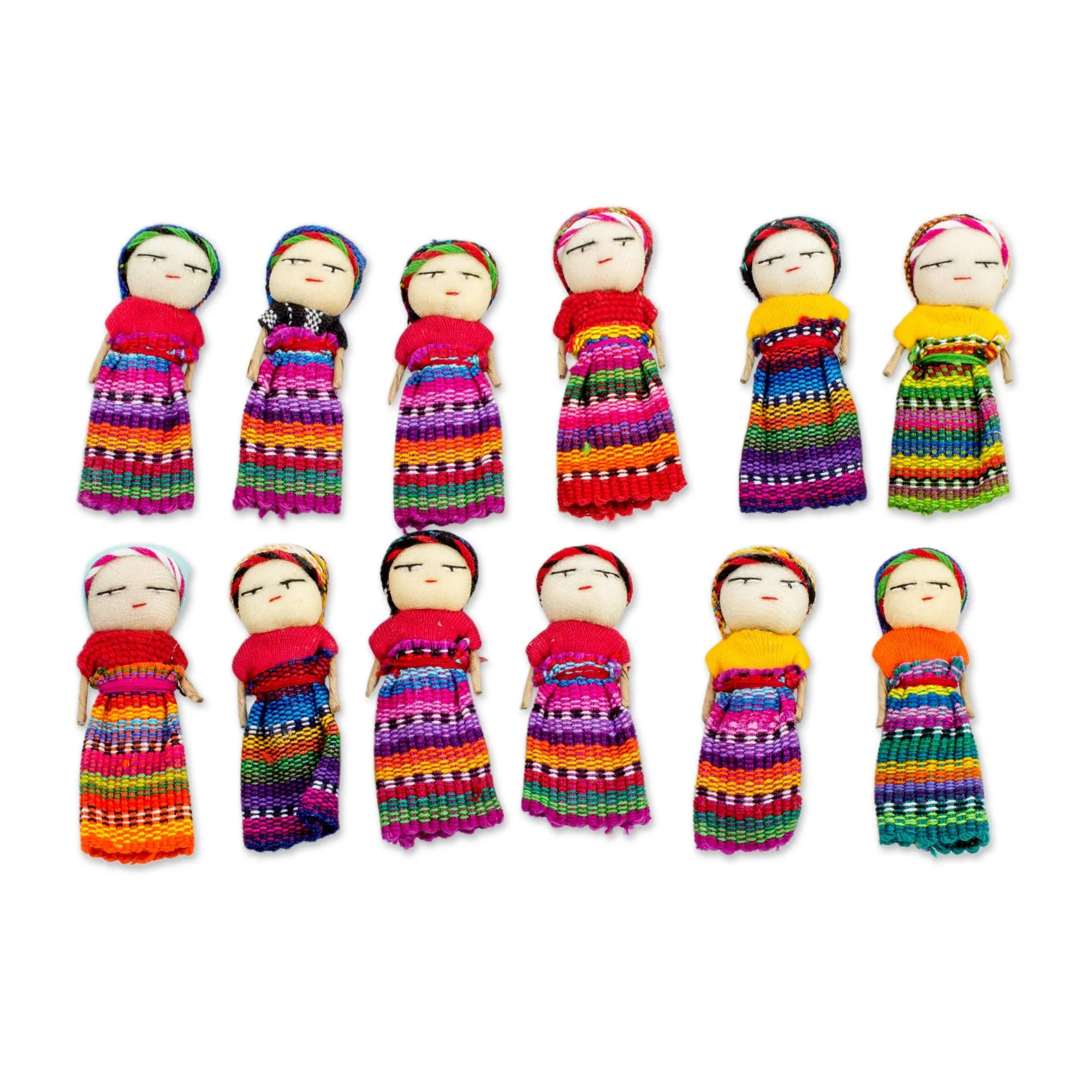 Twelve Cotton Worry Dolls with a Pinewood Box from Guatemala - Country Beauties | NOVICA