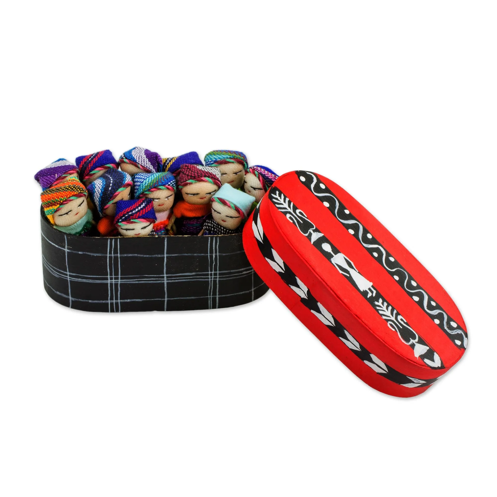 Twelve Cotton Worry Dolls with a Pinewood Box from Guatemala - Country Beauties | NOVICA