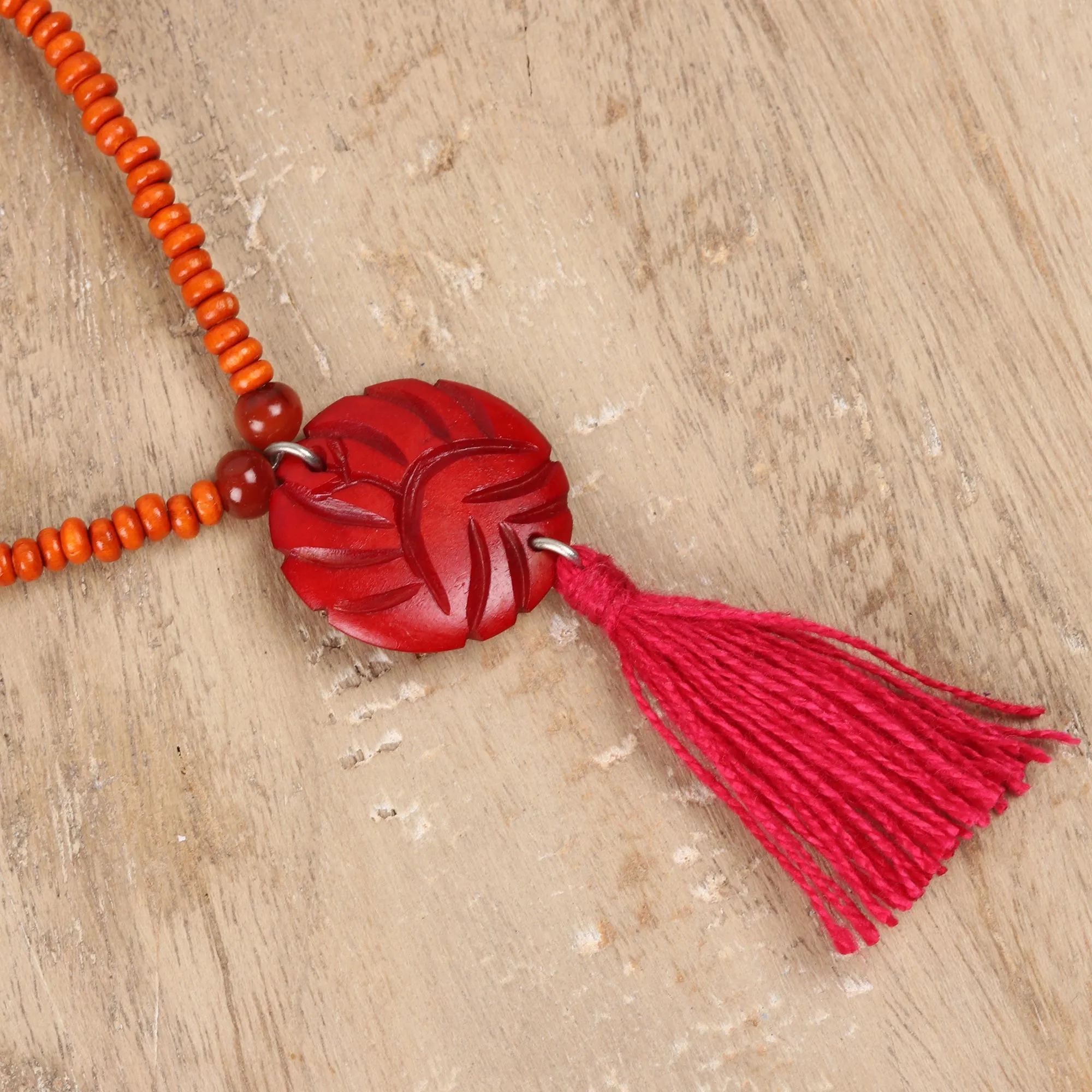 Wood Beaded Medallion Necklace in Red - Glorious Medallion